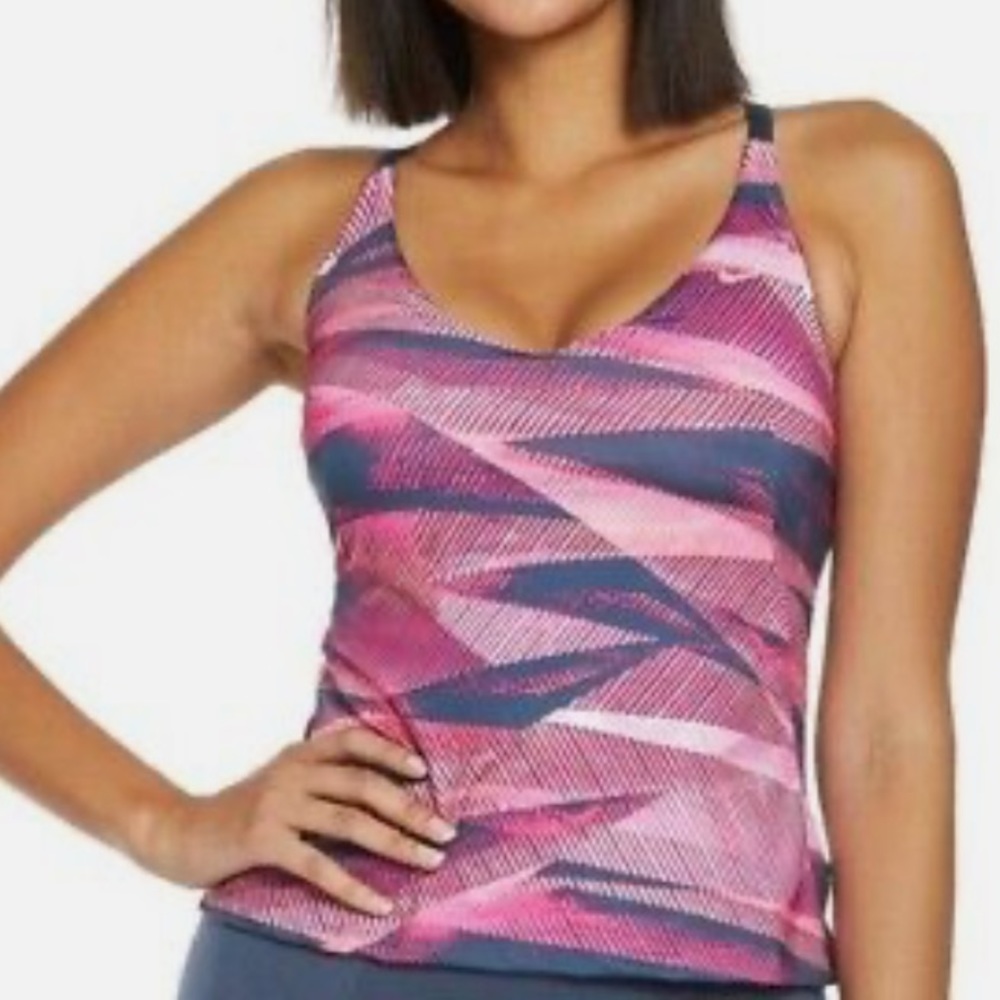 NIKE Line Up Printed Cross Back Tankini Top Pink & Grey Swimwear Size L